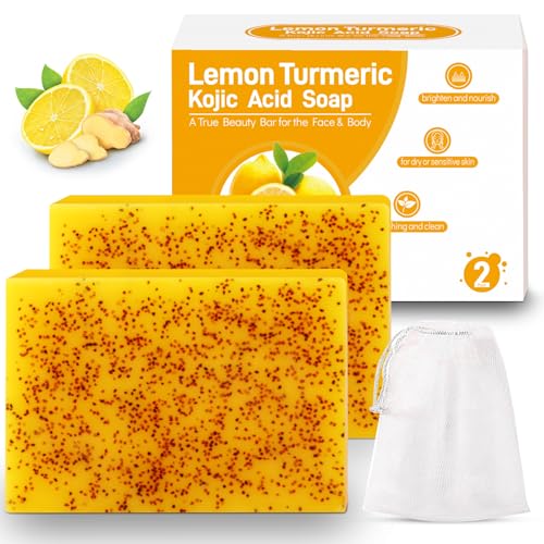 Lemon Kojic Acid Soap, Lemon Turmeric Bar with Vitamin C for Face, Body Hands, Turmeric Soap for Dry Sensitive Skin 2 Bars