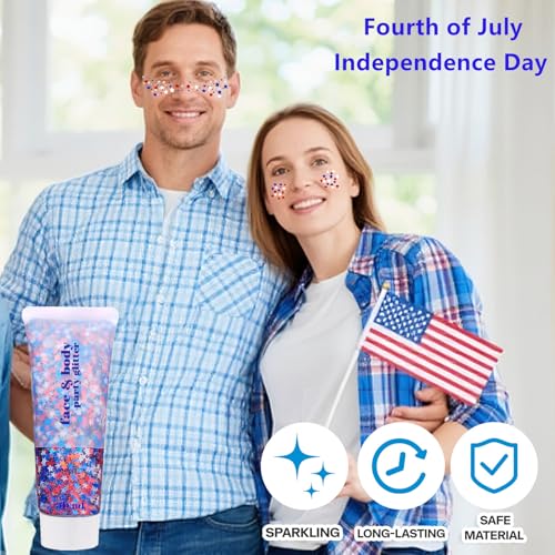 Go Ho 4th of July Outfits for Women&Kids Glitters Makeup,Red White and Blue Face Body Glitter,Fourth of July Accessories,Holographic Patriotic Chunky Glitter Freckles Star for Independence Day