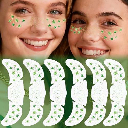 Green Leaves Glitter Freckles Temporary Tattoos for Women Green Shamrock Tattoos for Face for Saint Patrick's Day Outfit St Patricks Day Face Stickers - 6 Pack