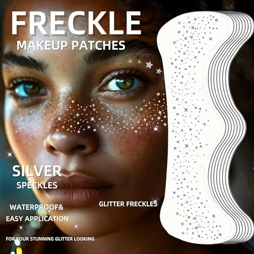 Glitter Freckles Face Tattoo Star Freckles Temporary Tattoos Sparkle Freckles Silver Freckle Tattoo 10 Sheets for Women Girl for Chirstmas Party Festivals (Silver)