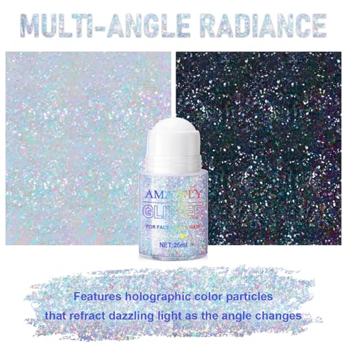 Roll-on Holographic Body Glitter Gel for Face and Hair, Chameleon Color Changing Glitter Gel Under Light, Chunky Mermaid Sequins Shimmer Makeup for Halloween Party Rave Accessories (Glint-Rainbow)