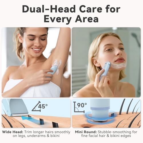 2-in-1 Bikini Trimmer for Women ? Dual Head Electric Shaver for Pubic, Facial & Body Hair, IP67 Waterproof Razor with Stainless Steel Blades & Rechargeable Battery (Petal Pink + Sky Blue)
