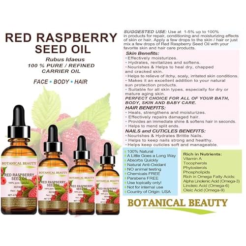 Botanical Beauty Red Raspberry Seed Oil 100% Pure Natural Undiluted Refined Cold Pressed Carrier Oil 0.5 Fl Oz - 15 ml for Face, Skin, Hair, Lips, Nails. Rich in Vitamin C, Vitamin E