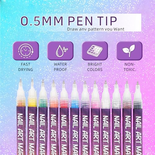 12 Color Nail Art Pen Set, 0.5mm Ultra Fine Nail Polish Pens for Drawing & Painting, Waterproof Quick-Drying Acrylic Nail Liner Dotters, DIY Manicure Design Art Kit with Professional Nail Tools