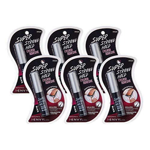 i?ENVY Super Strong Hold Eyelash Adhesive, Waterproof, 48-Hour Long-Lasting Lash Glue, Latex-Free, Hypoallergenic, Quick-Drying with Brush-On Applicator for Strip Lashes (Black, 6 Pack)