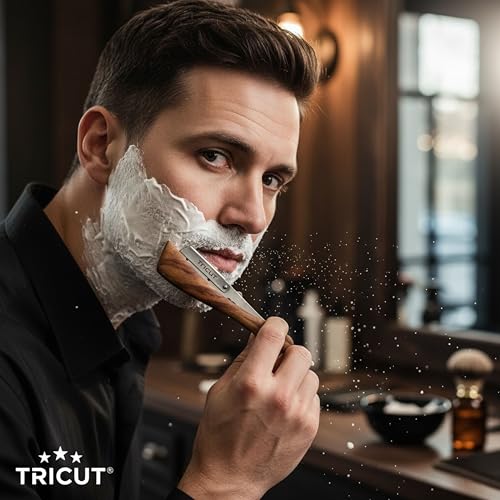 Professional Straight Razor with Wooden Handle Stainless Steel Blade Holder Barber Shaving Razor for Men Folding Shavette with Star Design Salon & Home Use