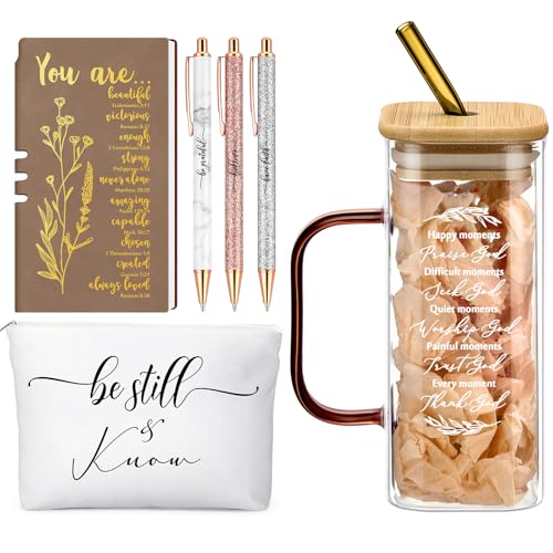 Skylety 6 Pcs Christian Gifts Set for Women Friend Sister Mom Prayer Journal with Pens Cup Bag Bible Study Supplies for Birthday Easter Mother's Day Church Office Gifts(Brown)