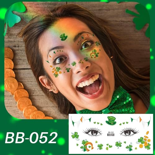 St. Patrick's Day Face Sticker- 6 Sheets Shamrock Eye Body Stickers for Kids & Adults | Green Clover Irish Temporary Tattoo Sticker for St. Patrick's Day Parade, Party Makeup Festival Supplies