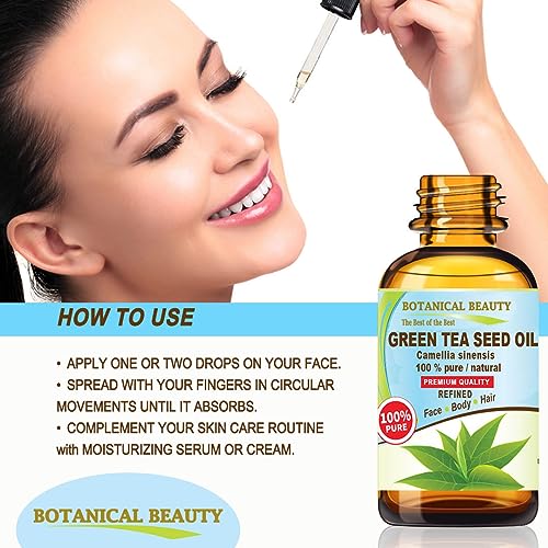 Botanical Beauty GREEN TEA SEED OIL Camellia Sinensis Oil 100% Pure Natural Undiluted Cold Pressed Carrier Oil for Face, Skin, Hair, Nails, Rich in Vitamin C, Vitamin E (1 Fl Oz)