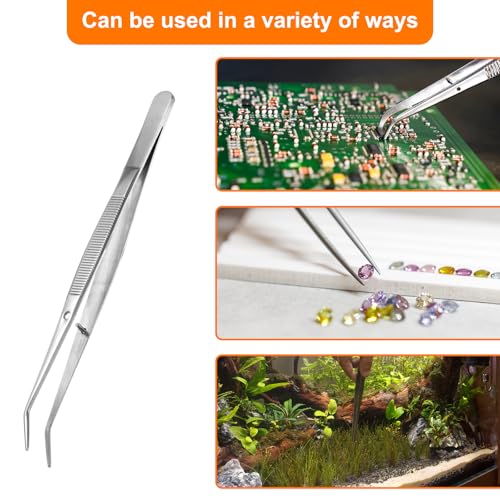 HARFINGTON 2pcs Stainless Steel Tweezers 6.1 Inch Long Handle Curved Serrated Tip Tweezers Multi Purpose for Craft Gardening Industrial Work Laboratory Use Cooking, Silver