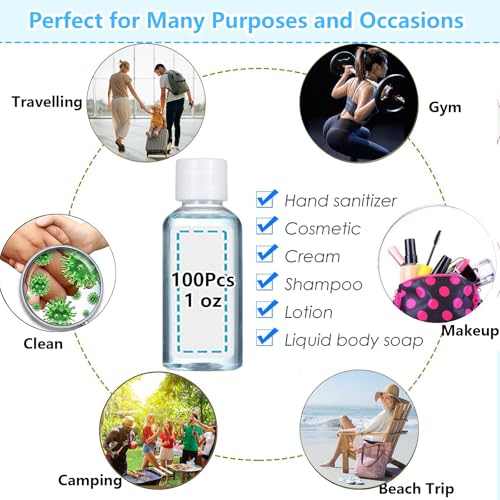 100PCS 1OZ/30ML Travel Bottles with 150pcs Labels, Mini Empty Hand Sanitizer Bottle, Clear Plastic Portable Leak Proof Squeeze Refillable Cosmetic Containers for Shampoo Lotion Liquid Body Soap