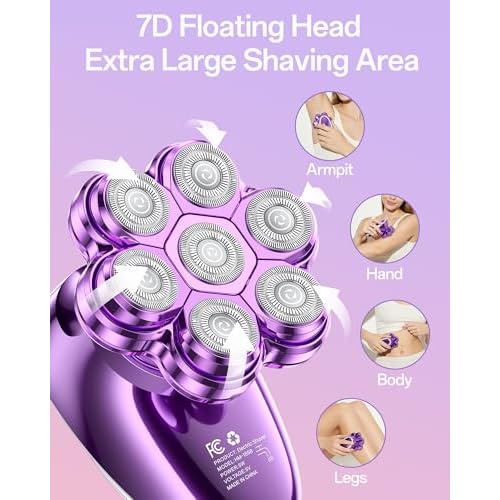 5-in-1 Electric Razors for Women, 7D Magnetic Heads Full Body Shaver, Waterproof Wet Dry Hair Remover with LED Display, Rechargeable Bikini Trimmer for Underarms, Face, Legs, Lips, Arms (Purple)