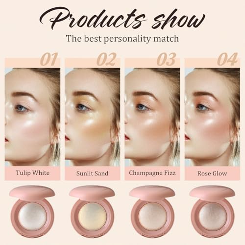 Highlighter Makeup Palette, Shimmer Glitter Face Body Illuminator, Smooth Waterproof Highlighter Baked Powder, Natural Long Lasting Highly Pigmented Highlighters Makeup - Champagne Fizz