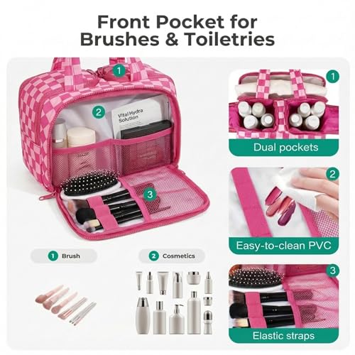 LETGO Travel Toiletry Bag, Spacious Checkered Toiletry Bag for Women,Large Toiletry Bags for Traveling,Lightweight Travel Cosmetic Makeup Bag Organizer for Accessories,Toiletries (Pink Checkered)