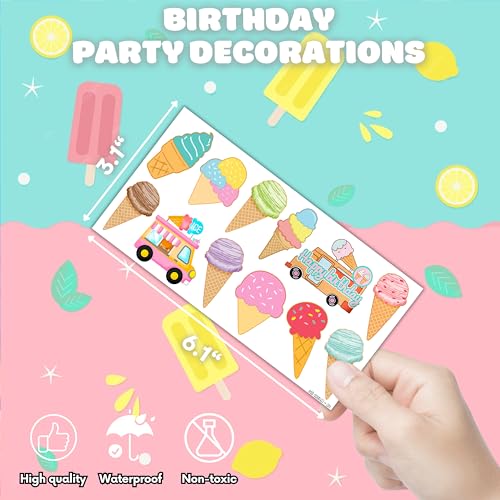 Ice Cream Temporary Tattoos 10 Sheets 120 PCS Ice Cream Cone Party Decorations Favors Supplies Sweet Theme Birthday Cute Stickers Christmas Gifts for Boys Girls Class School Prizes Carnival