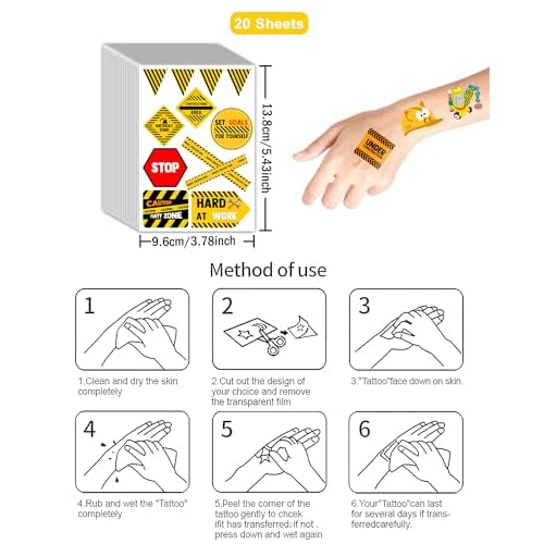 216 Pieces Under Construction Temporary Tattoos Stickers,20 Sheets Yellow and Black Striped Themed Tattoos Stickers Party Decoration Supplies Party favors for Kids Adults