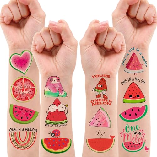 Melon Pre-Cut Temporary Tattoos 8 Sheets 96PCS Watermelon One First Party Decorations Supplies Favors First Summer Theme Birthday Stickers Christmas Gifts for Boys Girls Class School Prizes Carnival