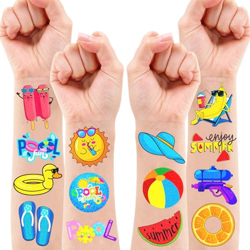 100 PCS Summer Pool Temporary Tattoos Birthday Party Decorations Favors Supplies Beach Balls Floats Swimming Pool Funny Items Decor Stickers For Girls Boys Gift School Prizes Rewards