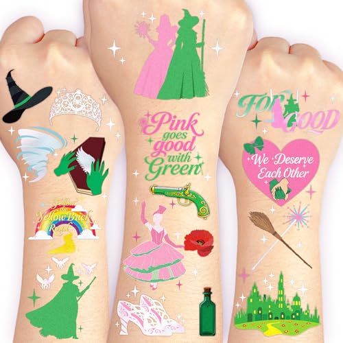Witch Temporary Tattoos - Pink + Green 84 Pieces Foil Iridescent Design, For Good Wizard Party Favors, Birthday Witch Accessory, Kids Witch Themed Party Decorations, Party Favors