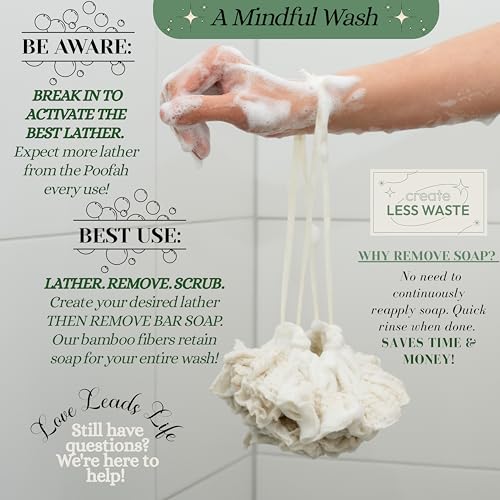 Bamboo Washcloth & Ramie Loofah ? Dual?Sided Body Scrubber for Bath & Shower ? Patent Pending - Gentle Exfoliation, Sensitive Skin Spa Tool ? Large Loofah with Bar Soap Pouch, Cotton Wash Bag, 2 Pack