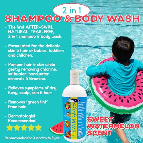 TRISWIM Kids Swim Suds 2-in-1 Tear-Free Shampoo & Body Wash 32oz | Natural Chlorine-Out Formula, Removes Green Tint | No Parabens or Dyes | Gentle for Babies & Toddlers | Watermelon Scent