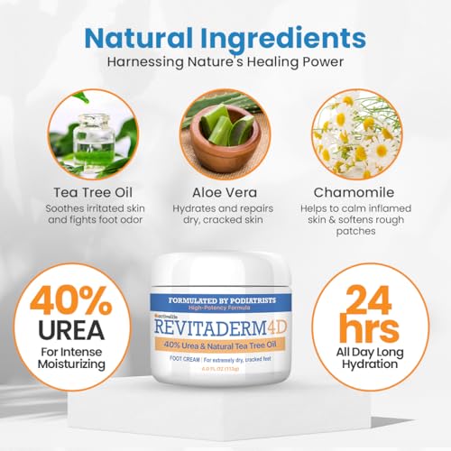 Revitaderm 4D 40% Urea Advanced Foot Cream for Cracked Heels & Dry Skin, Intensive Repair for Rough, Callused Feet, Fast Absorbing, Fragrance Free, Made in USA, 4 oz with Pumice & Brush, 1 Pack