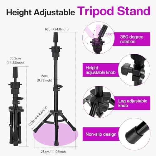 23 Inch Wig Head,Wig Stand Tripod with Head,Canvas Wig Head Stand with Mannequin Head for Wigs,Manikin Head Block Set for Wigs Making Display with Wig caps,T Pins Set,Bristle Brush