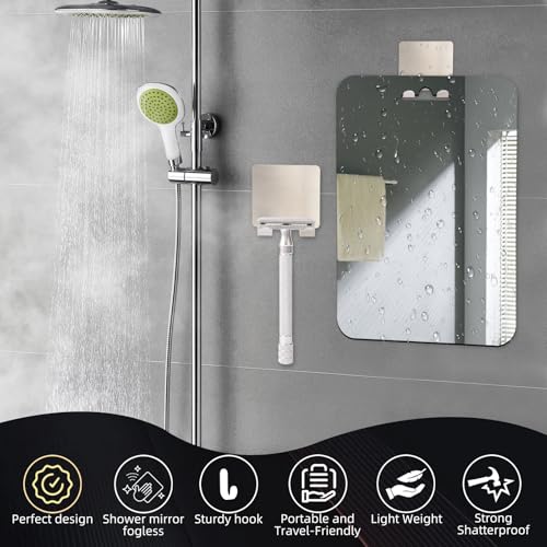 Shower Mirror Fogless for Shaving,Shower Mirror Fogless Set with 5 Blades,1 Double Edge Safety Razor,1 Cleaning Brush,1 Fog Free Shower Mirror,2 Shaver Holder and 1 Lifting Rope (Sliver)
