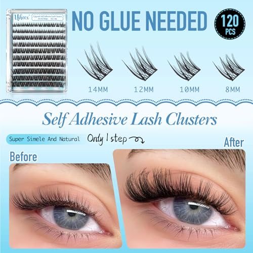 Self Adhesive Lash Clusters Natural Self Adhesive Eyelashes,Pre glued Eyelash Clusters No Glue Needed Lashes Wispy,C- curly,DIY cluster eyelash extensions,8-14mm 120pcs