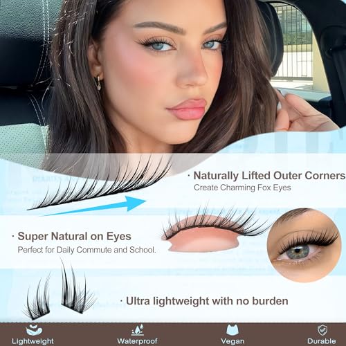 Fox Eye Lash Clusters Kit Natural Eyelash Clusters Manga Lashes Clusters Wispy Cluster Eyelash Extensions 10-14mm Cat Eye Lash Extension Kit Universal Fit Individual Lashes Daily Wear Lash Clusters