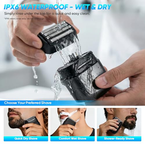 Electric Foil Shavers for Men: Compact Electric Razor with 4 Floating Blades, Travel Portable Foil Shaver for Men, USB-C Rechargeable, Waterproof Wet Dry Cordless Face Shaver for Travel & Home, Black