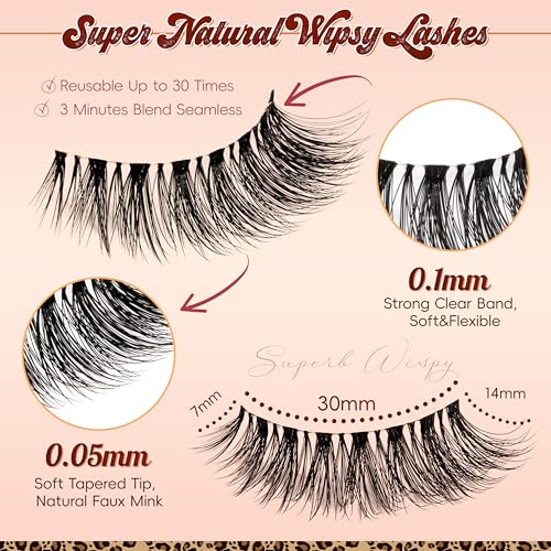 Natural Lashes 0.05mm PBT Fiber Lightweight Wispy Lashes, 0.1mm Superfine Invisible Clear Band 14mm False Eyelashes, 5 Pairs Fake Eyelashes Wispy Cat Eye Lashes(Glitz-5 Pairs Lashes Pack)