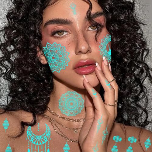 6 Sheets Henna Tattoos Temporary Stickers Waterproof Sexy Women Body White Party Masquerade Halloween Night Fluorescence Lotus DIY Face Arms Legs Art Decoration