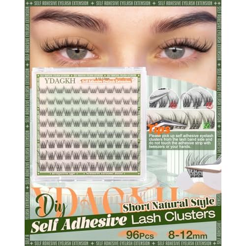 Short Self Adhesive Lash Clusters 8-10-12mm Natural Self Adhesive Eyelashes Pre Glued Individual Cluster Eyelash Extension Ultra-Thin Band Glueless Lashes Wispy No Glue Needed for Clean Beauty