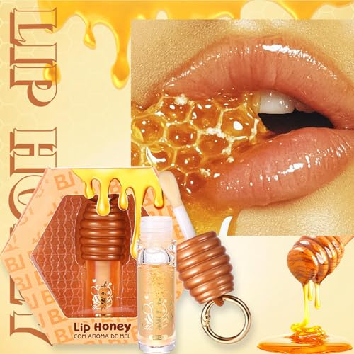 Honey Hydrating Lip Oil,Cute Lip Gloss Keychain,Clear Lip Oil for Women,Lip Gloss Flavoring Oil With Vitamin E Moisturized Shiny Lips for Girls
