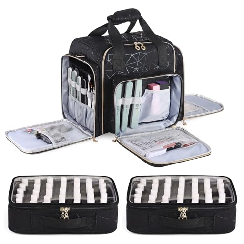 Nail Polish Organizer Case -Holds 70 Bottles (15ml-0.5 fl.oz) and 1 Nail Lamp -Nail Storage Organizer PU Leather with 2 Separate Nail Polish Holder and Manicure Tools Storage-Black