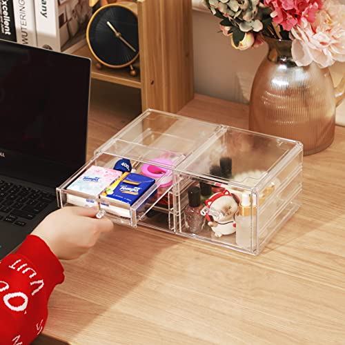 Cq acrylic 1 Pack Clear Stackable Storage Drawers for Vanity,Stackable 4 Drawers Desktop Organizer With Drawers,Cute Desk Storage for Office,Jewelry,Hair Clip,Beauty,Skincare and Make Up Organizers