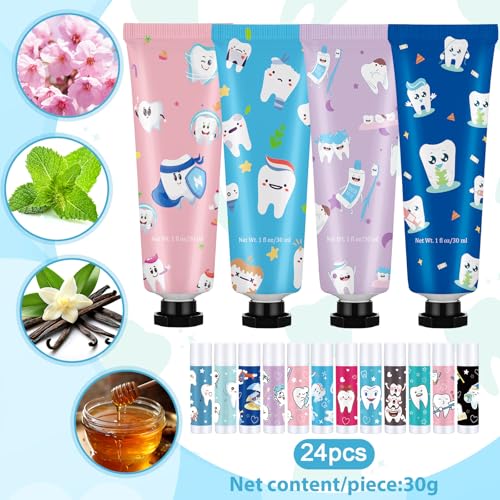 Loopeer 24 Sets Dental Hygiene Gifts Oral Health Day Dental Assistant Gifts Hygienist Appreciation Gift Moisturizing Lip Balm Hand Cream Dentist Thank You Gift with Cards Organza Bags for Nurse Week
