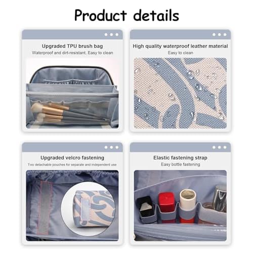 BOYATU Travel Makeup Bag for Women: Large Capacity 3-Piece Cosmetic & Toiletry Organizer - Expands Storage by 50% with 2 Detachable Pouches,Opens Flat for Easy Packing,Waterproof PU Leather(Blue)