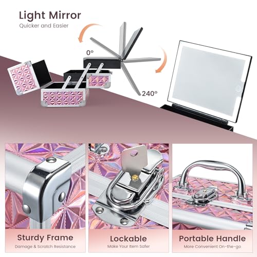 Makeup Case with Lighted Mirror Travel Makeup Organizer Box Portable Lockable 2 Trays Cosmetic Train Case with LED Mirror for Girls Make up Nail Kits Sewing Vanity Storage Case, Shiny Pink