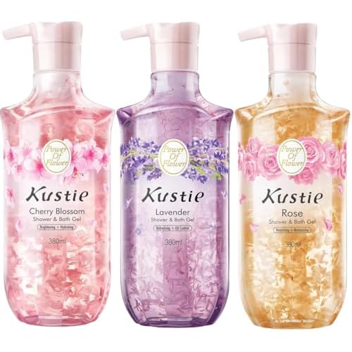 Kustie Real Flower Petal Perfume Body Wash with Essential Oils, 24H Fragrance & Deep Moisturizing Cleanse Shower Gel for Sensitive & Dry Skin with Pump Bottle, 12.8 fl oz, 3-Pack