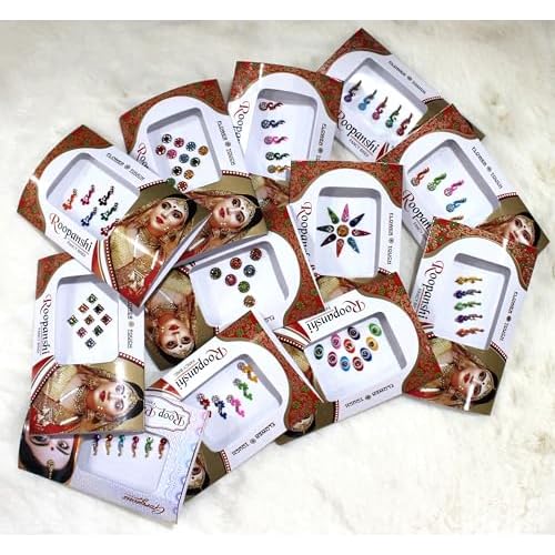 12 Packs Bindi Multicolored Forehead Tika Face Jewels Bollywood Style Fancy Bindis for Women