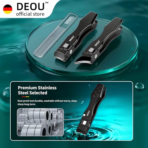 DEOU Nail Clippers Set, Stainless Steel Manicure Kit for Thick Hard Ingrown Nails, Anti-Splash with Nail File, Portable Keyhole Design, Gift Box for Home Travel (Black, Diagonal Cut + Straight Cut)