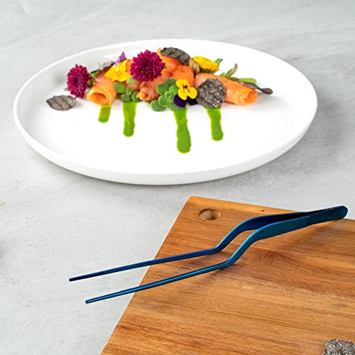 Restaurantware Perfect Point 7.9 Inch Food Tweezers 1 Offset Kitchen Tweezers - Serrated Tips For Precision For Garnishing Plating Or Decorating Blue Stainless Steel Offset Tweezers Durable