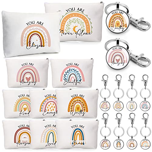 Sieral 20 Pcs Employee Appreciation Gift Bulk for Women Inspirational Canvas Makeup Bag Cosmetic Bag Toiletry Pouch Keychain Return Gift for Social Worker Nurse Teacher Friend Birthday(Rainbow)