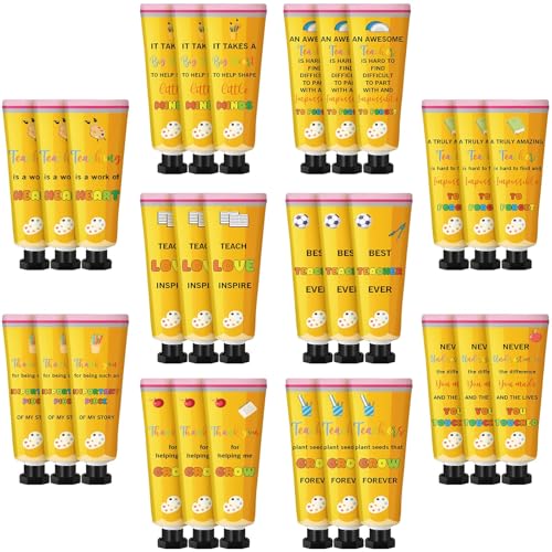Leelosp 30 Pcs Teacher Appreciation Gift - Pencil Design Hand Cream Bulk Mini Travel Size Moisturizing Hand Lotion for Women Teacher Appreciation Week Graduation Party Favors, 10 Natural Fragrances