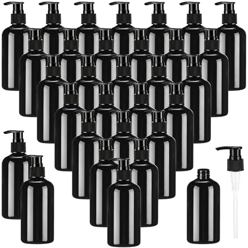 32 Pcs Empty Plastic Pump Bottles 8oz Refillable Lotion Pump Bottle Containers with Dispenser for Shampoo, Conditioner, Face Cream, Massage Oil, Liquid Soap (Black)