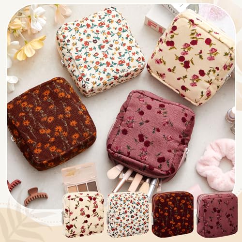 Abbylike 4 Pcs Floral Makeup Bag Cosmetic Bag with Zipper Portable Small Pouches for Purse Toiletry Mini Pouch Cute Mini Makeup Purse for Coin Essentials Items Women(Rose)