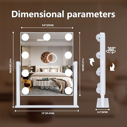 Vanity Mirror with Lights, Hollywood Vanity Makeup Mirror with 9 Dimmable LED Bulbs, 3 Color Lighting Modes, Detachable 10X Magnification, 360¡ÆRotation,White