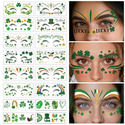 28 Sheets Saint Patrick Face Temporary Tattoo, Green Shamrock Lucky Four Leaf Clover Waterproof Fake Tattoos Face Makeup Freckles Patches For Women Girls St. Patrick's Day Festival Party Supply